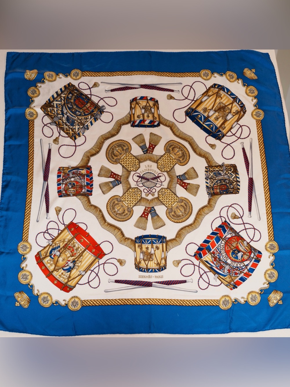 Hermès Les Tambours Silk Twill Scarf 90cm Blue and Cream Palette